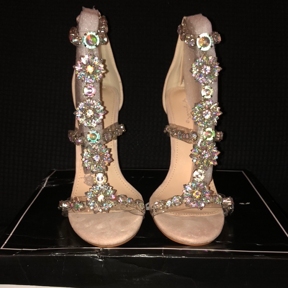 Clear jewel embellished t-strap stiletto heels